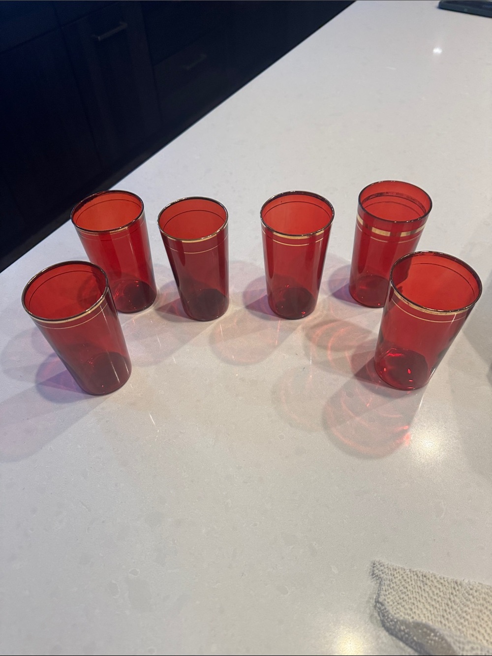 Red Glass Tumbler Set with Gold Rim - 6 Pack different width of gold rims